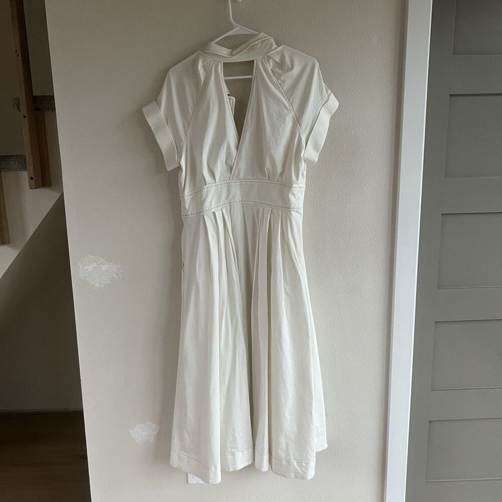 Maeve Anthropologie Poplin‎ Shirt Dress Women’s 14 Midi White Collared V Neck - Picture 3 of 14